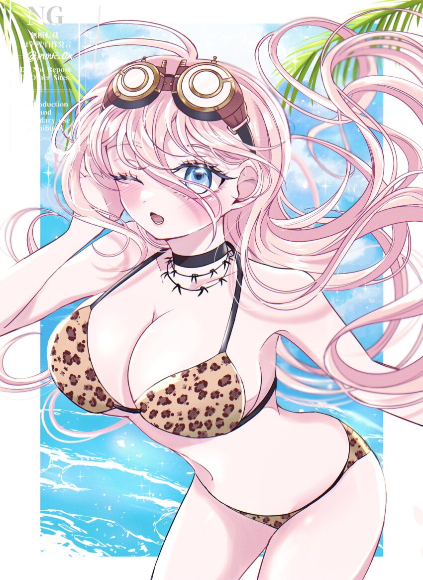 1girl ;o animal_print antenna_hair barbed_wire bare_shoulders black_choker blonde_hair blue_eyes blush breasts choker cleavage collarbone commentary cowboy_shot danganronpa_(series) danganronpa_v3:_killing_harmony day goggles goggles_on_head highres iruma_miu leopard_print leopard_print_bikini long_hair lower_teeth_only mmr_0x navel one_eye_closed outdoors solo stomach teeth watermark