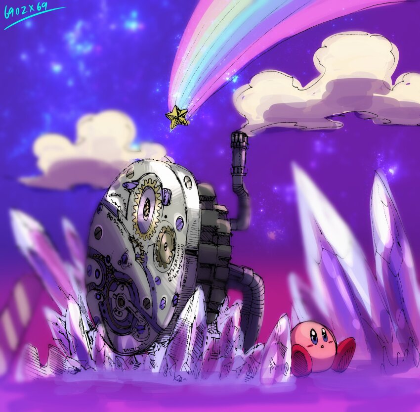 artist_name blue_eyes blush_stickers cloud commentary_request crystal gears highres kirby kirby_(series) machine nintendo no_humans parted_lips rainbow shooting_star sitting smoke smokestack solo space star_(symbol) takenokonoko warp_star