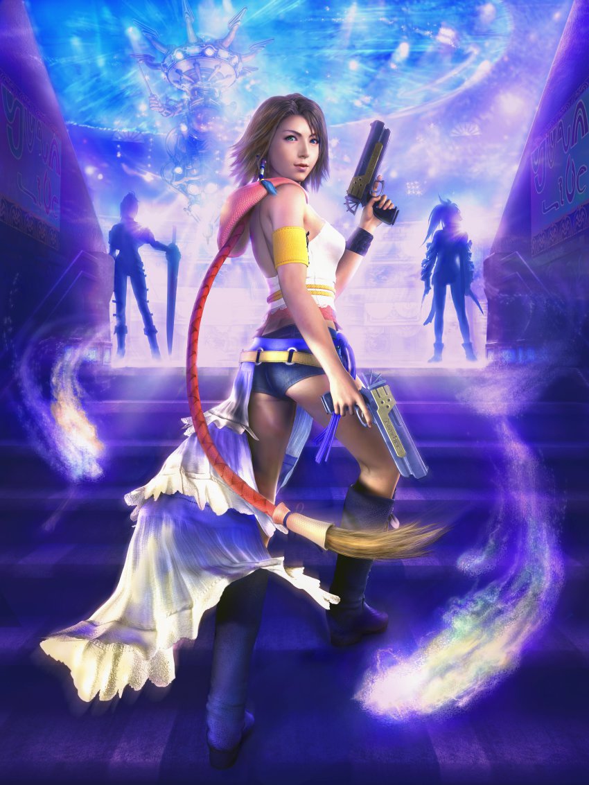 00s 3d 3girls absurdres ass back black_shorts boots braid brown_hair dual_wielding final_fantasy final_fantasy_x final_fantasy_x-2 gun handgun heterochromia highres holding knee_boots long_hair looking_back multiple_girls official_art paine paine_(ff10) pistol rikku_(ff10) shorts single_braid sword weapon yuna yuna_(ff10)
