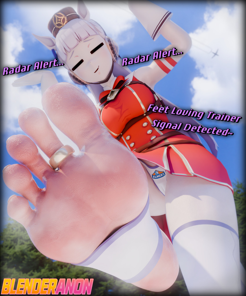 1girl 3d absurdres animal_ears barefoot blenderanon blush bow cameltoe dress ear_covers ear_ornament ear_ribbon english_text feet foot_focus gold_ship_(umamusume) highres horse_ears horse_girl horse_tail jewelry looking_at_viewer looking_down open_mouth panties pillbox_hat red_dress red_shirt shirt smell smile solo solo_focus standing stirrup_footwear stirrup_legwear tail toe_ring toeless_legwear umamusume underwear white_panties