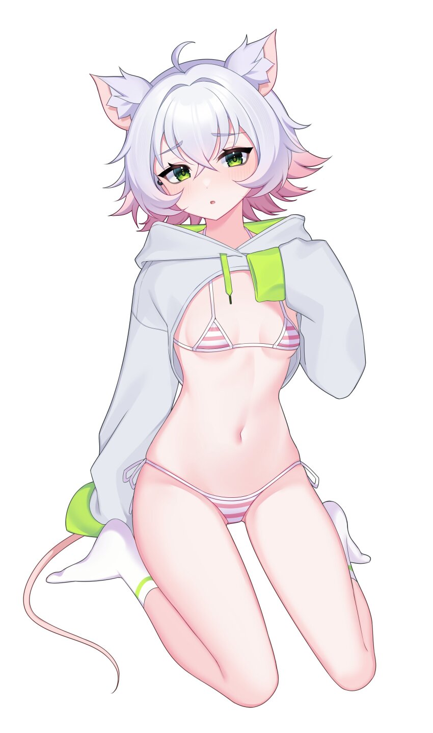 1girl :o absurdres ahoge animal_ear_fluff animal_ears ankle_socks arm_behind_back arm_support bags_under_eyes bikini borrowed_character breasts colored_tips commentary demcheg dot_nose drawstring ear_piercing embarrassed english_commentary eyebrows_hidden_by_hair flipped_hair full_body furrowed_brow go!_go!_gris! gradient_hair green_eyes green_shrug green_sleeve_cuffs grey_shrug groin hair_between_eyes hair_flaps hair_intakes half-closed_eyes hand_on_own_chest hand_up head_tilt highres hood hood_down hooded_shrug invisible_floor leaning_back light_blush long_eyelashes long_sleeves looking_at_viewer micro_bikini mouse_ears mouse_girl mouse_tail multicolored_bikini multicolored_hair multiple_piercings narrowed_eyes navel no_shoes open_mouth original perl_(go!_go!_gris!) piercing pink_bikini pink_hair pink_tail raised_eyebrows raised_inner_eyebrows short_hair shrug_(clothing) side-tie_bikini_bottom sideboob sidelocks sitting skindentation sleeves_past_wrists small_breasts socks solo sparkling_eyes string_bikini striped_bikini striped_clothes swimsuit tail thick_eyelashes thighs two-sided_fabric two-tone_bikini two-tone_hair underboob wariza white_bikini white_hair white_socks wide_hips
