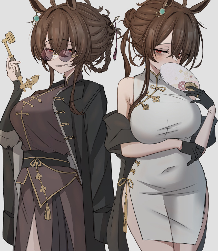 2girls absurdres agnes_tachyon_(umamusume) alternate_costume animal_ears black_gloves black_jacket breasts brown_hair china_dress chinese_clothes commentary_request covered_navel dress dual_persona gloves grey_background hand_fan highres holding holding_fan horse_ears horse_girl horse_tail jacket large_breasts leogust looking_at_viewer multiple_girls open_mouth red_eyes round_eyewear simple_background smile sunglasses tail umamusume