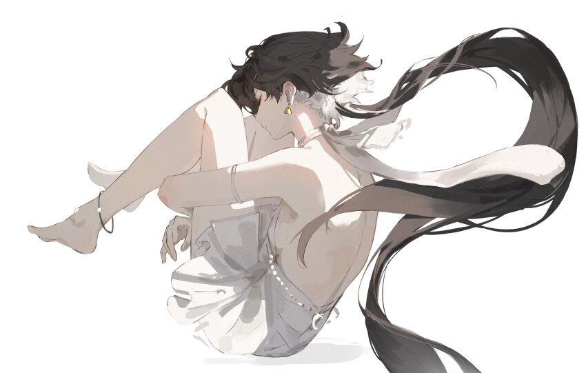 1girl absurdres alternate_costume back backless_dress backless_outfit bare_shoulders barefoot black_hair closed_eyes colored_inner_hair commentary dress earrings elyzerda female_rover_(wuthering_waves) from_side full_body highres jewelry long_hair multicolored_hair rover_(wuthering_waves) simple_background solo triangle_earrings very_long_hair white_background white_dress white_hair wuthering_waves