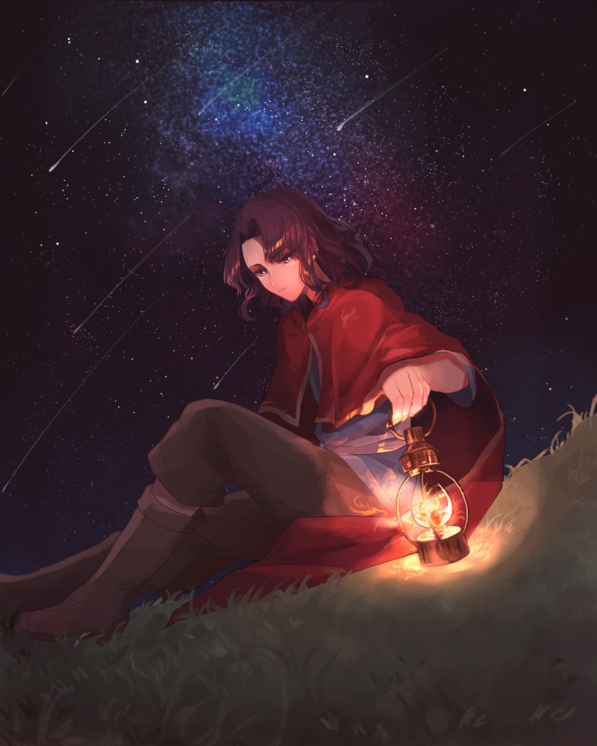 blue_shirt boots brown_pants cape erk_(fire_emblem) fire fire_emblem fire_emblem:_the_blazing_blade grass highres hill kabitakamaboko lantern male_focus nintendo pants purple_hair red_cape shirt shooting_star sitting sky solo star_(sky) starry_sky