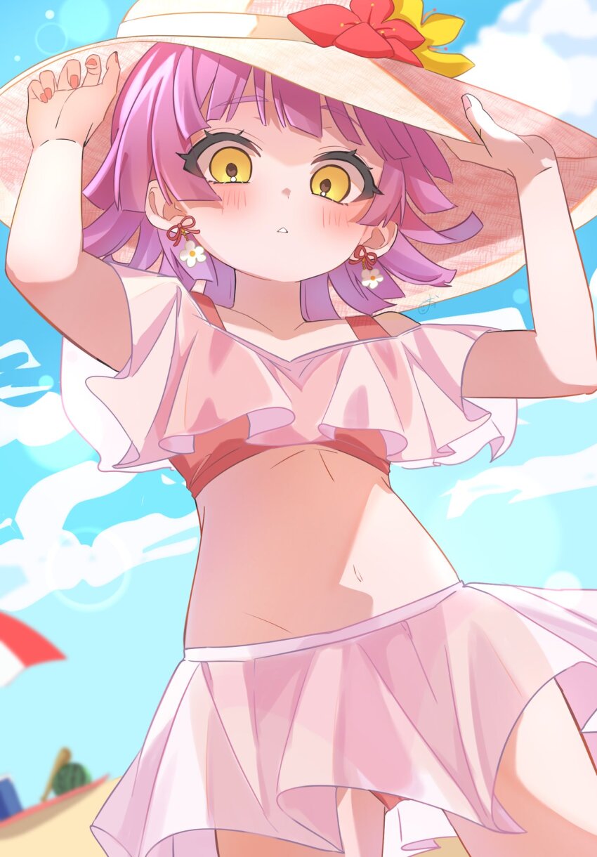 1girl bikini blue_sky blunt_bangs blush breasts collarbone commentary_request earrings flower groin hands_up hat hat_flower highres jewelry looking_at_viewer love_live! love_live!_nijigasaki_high_school_idol_club navel orange_hat orange_nails osora_dao outdoors parted_lips petite pink_hair short_hair sky small_breasts solo standing stomach sun_hat swimsuit tennoji_rina upper_body yellow_eyes