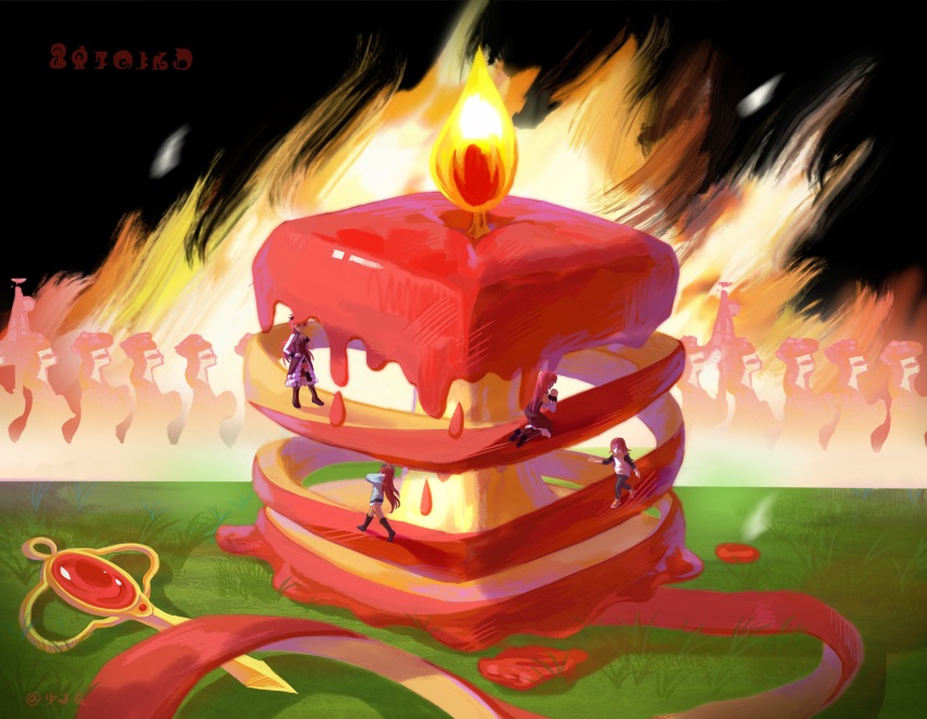 4girls absurdres age_progression aged_down apple apple_core artist_name burning candle dripping fire food fruit gem highres kneeling madoka_runes mahou_shoujo_madoka_magica mahou_shoujo_madoka_magica_(anime) multiple_girls multiple_persona red_gemstone red_hair sakura_kyoko sakura_kyoko_(magical_girl) shao_ziye time_paradox walking wide_shot