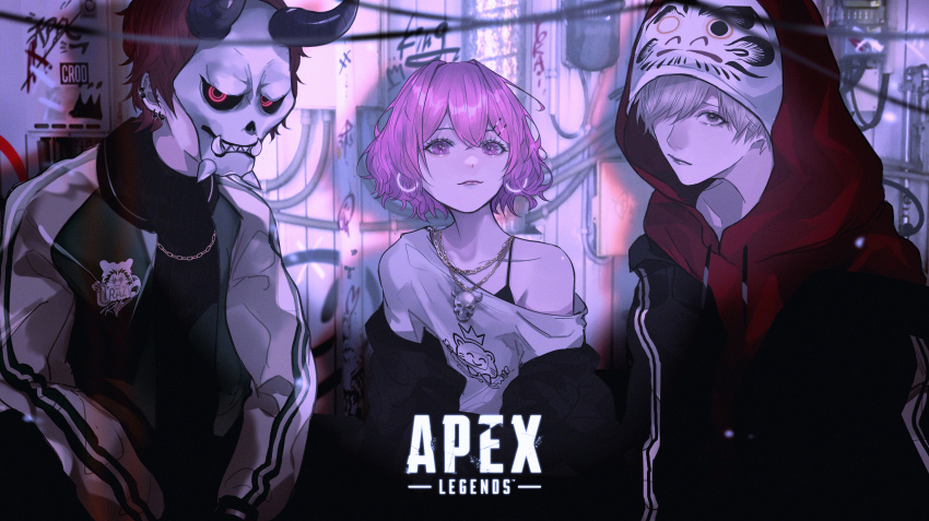 1girl 2boys absurdres apex_legends arisakaaa_(crazy_raccoon) black_horns black_jacket black_shirt bra_strap cable closed_mouth collarbone commentary_request copyright_name crazy_raccoon daruma_is_god demon_horns drawstring earrings gold_necklace graffiti grey_eyes grey_hair hair_between_eyes hair_ornament hairclip highres hood hood_up hoodie hoop_earrings horns indie_utaite indoors jacket jacket_over_hoodie jacket_partially_removed jewelry letterman_jacket lipstick long_sleeves looking_at_viewer makeup mano_aaa mask multiple_boys necklace nqrse open_clothes open_jacket parallel_hairclips pink_eyes pink_hair pink_lips red_hair red_hoodie shirt short_hair single-shoulder_shirt single_bare_shoulder skull_necklace t-shirt upper_body utaite white_shirt white_sleeves wire