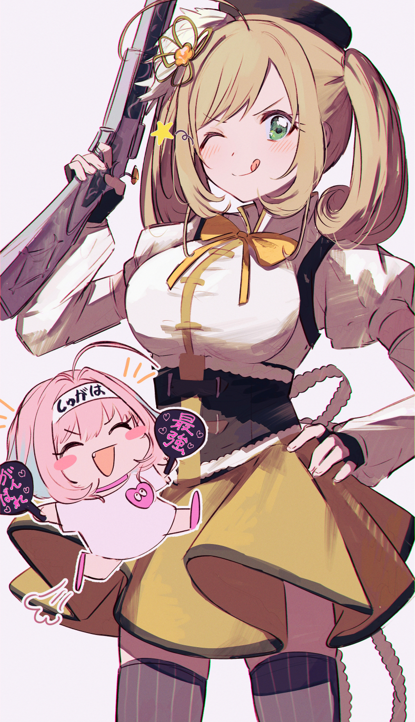 2girls ;q absurdres ahoge beret black_gloves black_headwear blue_hair blush_stickers breasts chibi closed_eyes cosplay detached_sleeves fingerless_gloves flower gloves green_eyes grey_background gun hair_flower hair_intakes hair_ornament hamachamu hand_fan hand_on_own_hip hand_up hands_up hat headband heart highres holding holding_fan holding_gun holding_weapon idolmaster idolmaster_cinderella_girls large_breasts licking_lips looking_at_viewer mahou_shoujo_madoka_magica mahou_shoujo_madoka_magica_(anime) multicolored_hair multiple_girls neck_ribbon no_pants one_eye_closed oversized_clothes oversized_shirt paper_fan pink_hair pink_shoes puffy_short_sleeves puffy_sleeves ribbon sato_shin shirt shoes short_sleeves simple_background star_(symbol) striped_clothes striped_thighhighs thighhighs tomoe_mami tomoe_mami_(cosplay) tomoe_mami_(magical_girl) tongue tongue_out twintails two-tone_hair uchiwa v-shaped_eyebrows vertical-striped_clothes vertical-striped_thighhighs weapon yellow_ribbon yumemi_riamu