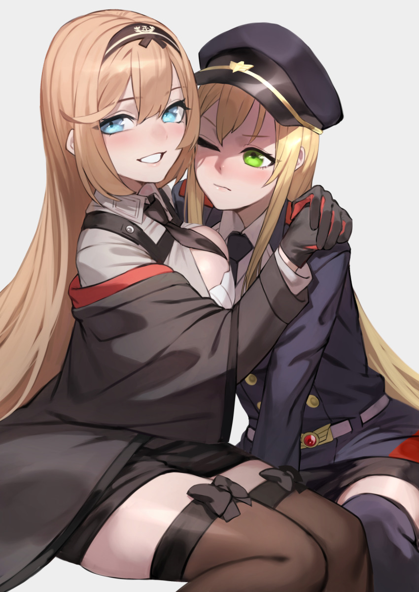 2girls annoyed blonde_hair blue_eyes blush boots bow chorogon commission commissioner_upload east_germany girls&#039;_frontline green_eyes grin hat headband highres hug looking_at_viewer military_hat military_uniform multiple_girls necktie smile stg-940_(girls&#039;_frontline) stg44_(girls&#039;_frontline) thighhighs