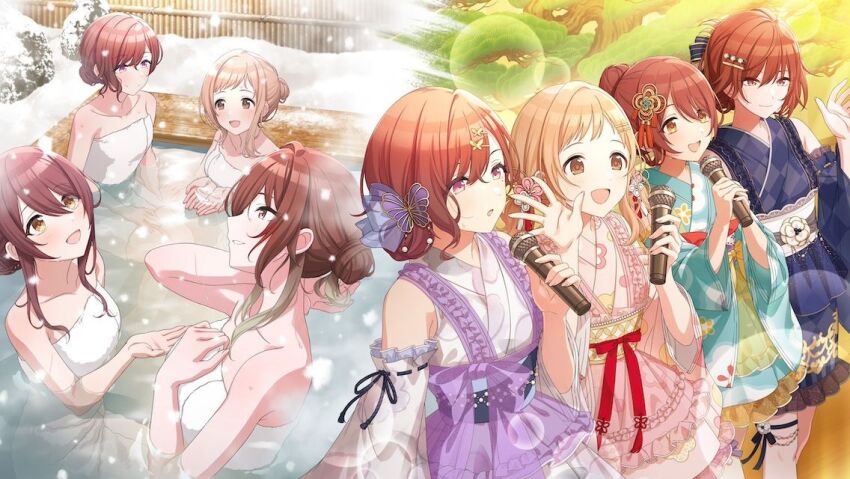 aketa_mikoto brown_eyes brown_hair butterfly_hair_ornament detached_sleeves dress game_cg hair_ornament higuchi_madoka holding holding_microphone idolmaster idolmaster_shiny_colors japanese_clothes kimono microphone naked_towel official_art open_mouth osaki_tenka partially_submerged red_eyes red_hair sakuragi_mano sash snow snowing steam suspenders towel water yellow_eyes