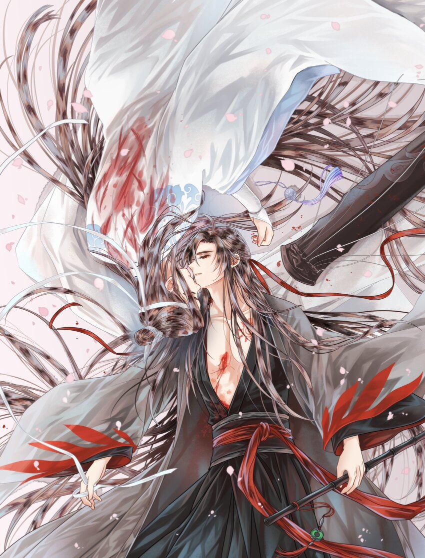 2boys ahoge bbbeyonce099 black_hair black_hanfu black_robe blood blood_on_chest blood_on_clothes chest_tattoo chinese_clothes closed_eyes coat collarbone flute grey_coat guqin hair_down hair_ribbon half_updo hanfu headband highres holding holding_flute holding_instrument imminent_kiss instrument lan_wangji long_hair long_sleeves looking_at_another lying male_focus modao_zushi multiple_boys official_alternate_costume official_alternate_hairstyle on_back on_side open_clothes open_robe parted_lips pectoral_cleavage pectorals petals pink_petals profile red_eyes red_ribbon red_sash ribbon robe rotational_symmetry sash tassel tattoo topknot upside-down very_long_hair wei_wuxian wei_wuxian_(yiling_laozu) white_hanfu white_headband white_robe wide_sleeves xiao_guan_(headdress) yaoi