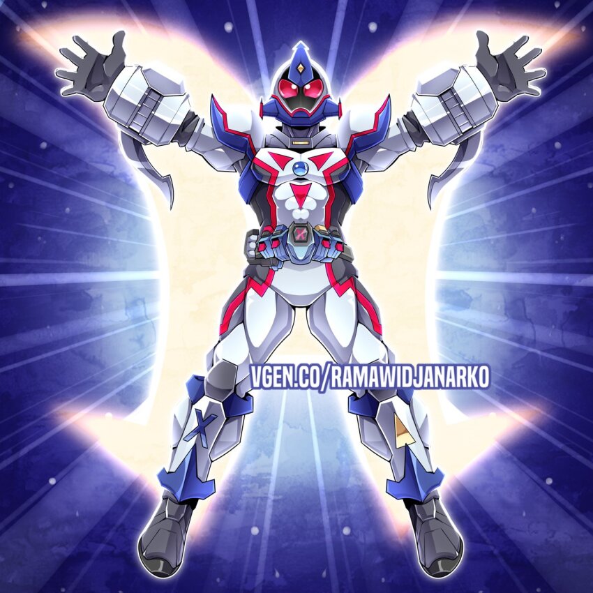 1boy armor belt_buckle buckle commission elemental_hero_neos fourze_driver full_body fusion helmet highres kamen_rider kamen_rider_fourze kamen_rider_fourze_(series) male_focus power_armor ramawidjanarko2 rider_belt shoulder_armor solo twitter_username vgen_commission white_armor white_helmet yu-gi-oh! yu-gi-oh!_gx
