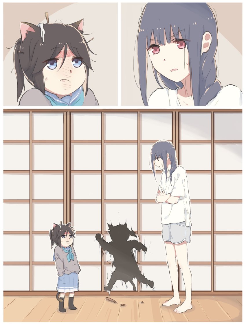 2girls animal_ears braid braided_ponytail chibi commentary_request crossed_arms hands_in_pockets hibike!_euphonium highres kasaki_nozomi kemonomimi_mode liz_to_aoi_tori lyy messy_hair multiple_girls person-shaped_hole pleated_skirt ponytail school_uniform serafuku shouji skirt sliding_doors tail thighhighs yoroizuka_mizore zettai_ryouiki
