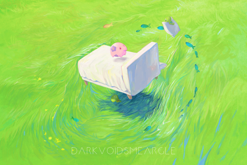 bed closed_mouth commentary darkvoiddoble day eyelashes fish gen_5_pokemon gen_6_pokemon grass highres legendary_pokemon looking_up munna nintendo no_humans outdoors pillow pink_eyes pokemon pokemon_(creature) zygarde zygarde_core