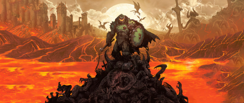 1boy absurdres armor artist_request assault_visor black_cape cape castle demon doom:_the_dark_ages doom_(series) doomguy dragon fortress fur_cape green_armor highres holding holding_flail holding_shield holding_weapon horns huge_weapon lava mark_of_the_doom_slayer official_art pile_of_corpses ribs sharp_teeth shield skull solo sword teeth weapon