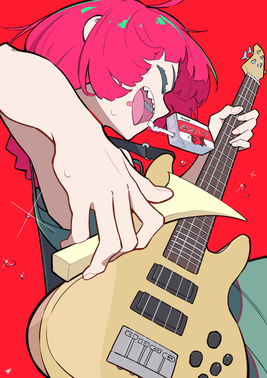 1girl absurdres armpits bass_guitar bocchi_the_rock! braid closed_eyes dress dynamic_pose flying_sweatdrops green_dress guitar guitar_strap hand_up highres hiroi_kikuri instrument long_hair music no_bra open_mouth playing_bass_guitar playing_instrument red_background red_hair simple_background single_braid sweat sweatdrop tooth user_dfxd4355