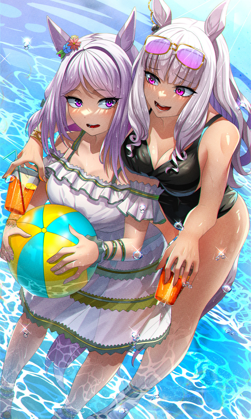 2girls amekudaki animal_ears bare_shoulders black_one-piece_swimsuit blunt_bangs breasts casual_one-piece_swimsuit cleavage commentary_request cowboy_shot cup dress drinking_glass ear_flower eyewear_on_head gold_ship_(run_revolt_launcher)_(umamusume) gold_ship_(umamusume) grey_hair highres horse_ears horse_girl horse_tail long_hair looking_at_viewer mejiro_mcqueen_(ripple_fairlady)_(umamusume) mejiro_mcqueen_(umamusume) multiple_girls official_alternate_costume one-piece_swimsuit purple_eyes purple_hair see-through_clothes see-through_dress smile sunglasses swept_bangs swimsuit tail umamusume