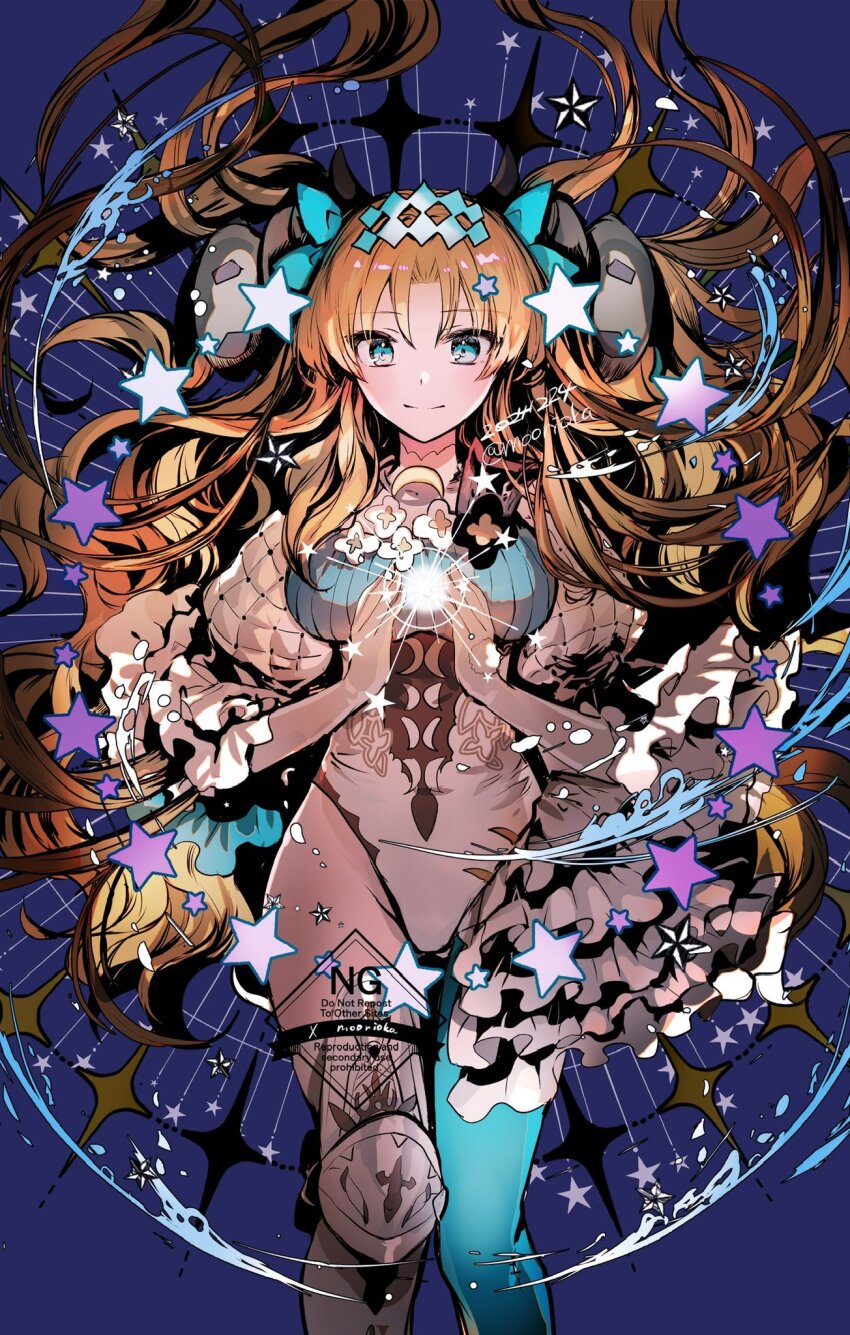 1girl blonde_hair bow breasts curled_horns elbow_gloves ereshkigal_(fate) fate/grand_order fate_(series) frills gloves green_eyes green_pantyhose hair_bow highres horns leotard long_hair long_sleeves looking_at_viewer medium_breasts pantyhose parted_bangs rioka_(southern_blue_sky) single_leg_pantyhose single_thighhigh smile solo space_ereshkigal_(fate) space_ereshkigal_(third_ascension)_(fate) star_(symbol) thighhighs thighs two_side_up white_gloves white_leotard white_thighhighs