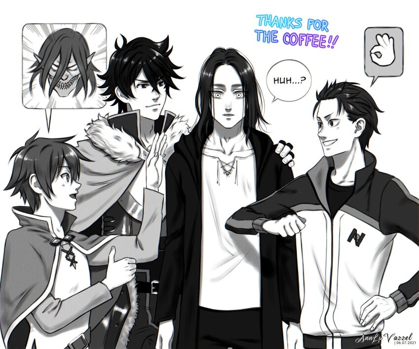 4boys annlu_vazzel belt black_coat capelet coat commission crossover eren_yeager fur_trim genre_connection grin highres iwatani_naofumi jacket ko-fi_commission kono_subarashii_sekai_ni_shukufuku_wo! long_sleeves medium_hair monochrome multiple_boys natsuki_subaru ok_sign open_mouth popped_collar re:zero_kara_hajimeru_isekai_seikatsu rogue_titan satou_kazuma shingeki_no_kyojin shirt short_hair smile speech_bubble spoken_emoji tate_no_yuusha_no_nariagari titan_(shingeki_no_kyojin) track_jacket white_shirt