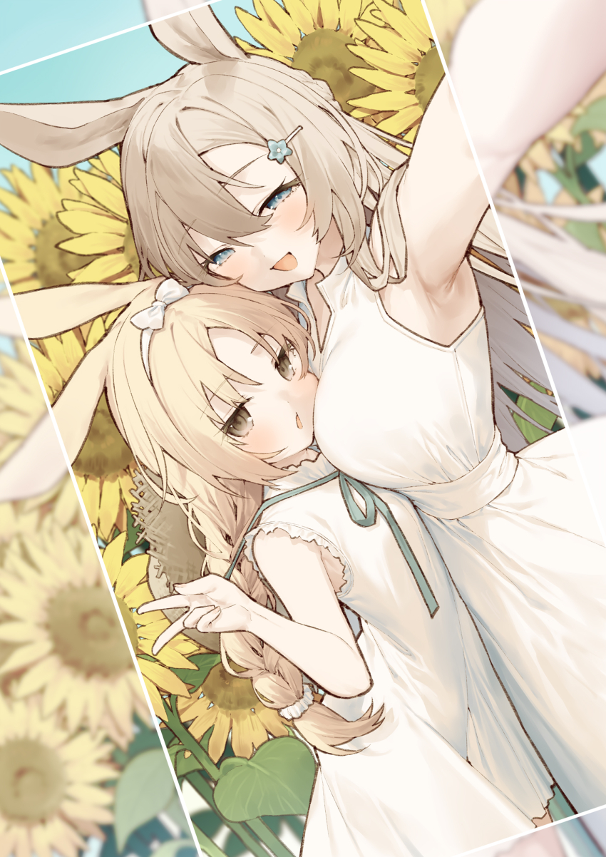 2girls :d animal_ears armpits bare_arms bare_shoulders between_breasts blue_eyes blue_flower bow braid breasts brown_eyes brown_hair commentary_request dress flower green_ribbon hair_between_eyes hair_bow hair_flower hair_ornament hairband hairclip head_between_breasts highres long_hair looking_at_viewer medium_breasts multiple_girls neck_ribbon open_mouth original parted_bangs rabbit_ears reaching reaching_towards_viewer ribbon selfie sleeveless sleeveless_dress smile sunflower tokuno_yuika very_long_hair white_bow white_dress white_hairband yellow_flower