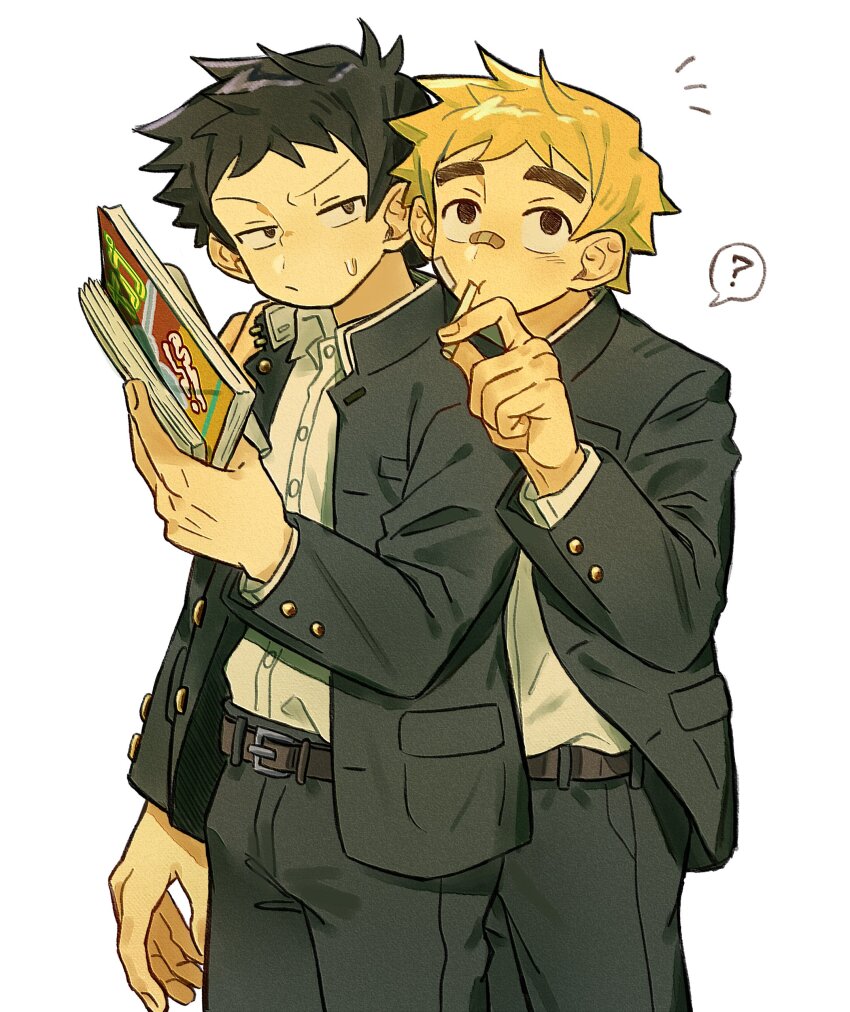 2boys ? absurdres bandaid bandaid_on_face bandaid_on_nose black_hair black_jacket black_pants blonde_hair book collared_shirt cowboy_shot hand_on_another&#039;s_shoulder highres holding holding_book jacket long_sleeves male_focus multiple_boys open_clothes open_jacket pants reading scott_pilgrim scott_pilgrim_(series) shirt short_hair simple_background single_arm_hug spoken_question_mark wallace_wells white_background white_shirt xxyang4747