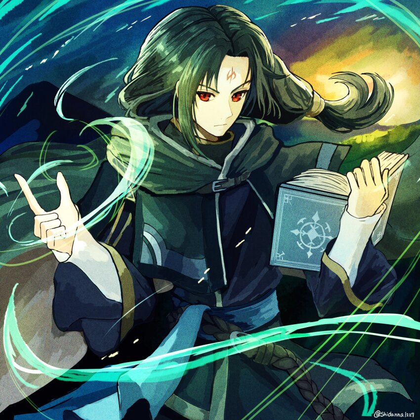 1boy book cape capelet casting_spell facial_mark fire_emblem fire_emblem:_path_of_radiance forehead_mark highres holding holding_book hood hood_down long_hair magic male_focus nintendo open_book red_eyes robe shidanna1227 soren_(fire_emblem) twitter_username