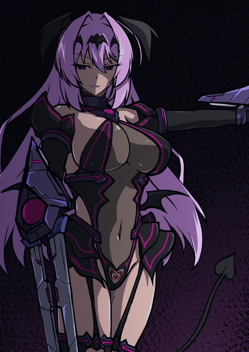 1girl absurdres aoi_tabane breasts cleavage corruption covered_navel dark_persona demon_tail evil_smile garter_straps gloves hair_intakes highres katsuragi_marina kouyoku_senki_exs-tia large_breasts leotard liberator_(kouyoku_senki_exs-tia) long_hair looking_at_viewer pubic_tattoo purple_eyes purple_hair see-through_clothes smile solo tail tattoo thighhighs weapon wings