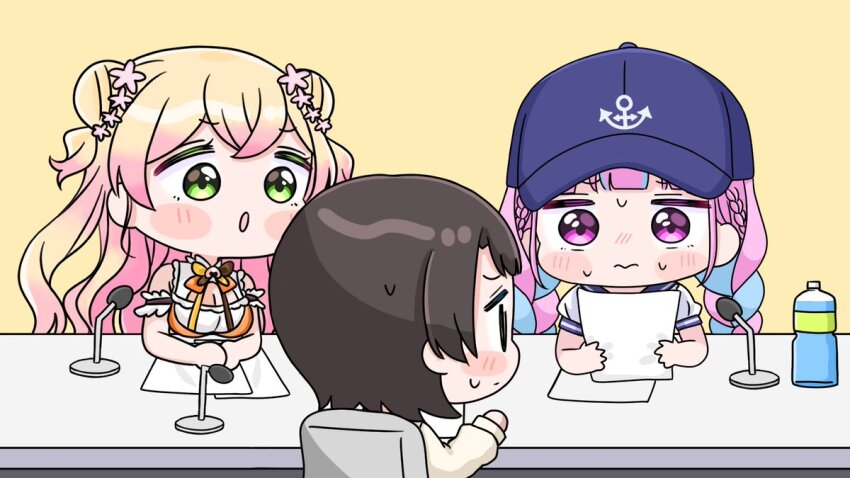 3girls anchor_symbol baseball_cap blonde_hair blue_hair blue_hat blue_sailor_collar blush_stickers bottle braid breasts brown_background brown_hair brown_shirt chibi cleavage double_bun gradient_hair green_eyes hair_bun hat holding hololive long_sleeves low_twintails medium_breasts microphone minato_aqua minato_aqua_(sailor) mochimiko momosuzu_nene momosuzu_nene_(1st_costume) multicolored_hair multiple_girls oozora_subaru oozora_subaru_(casual) parted_lips pink_hair puffy_long_sleeves puffy_short_sleeves puffy_sleeves sailor_collar school_uniform serafuku shirt short_sleeves simple_background sweat table twin_braids twintails two-tone_hair two_side_up virtual_youtuber water water_bottle white_shirt
