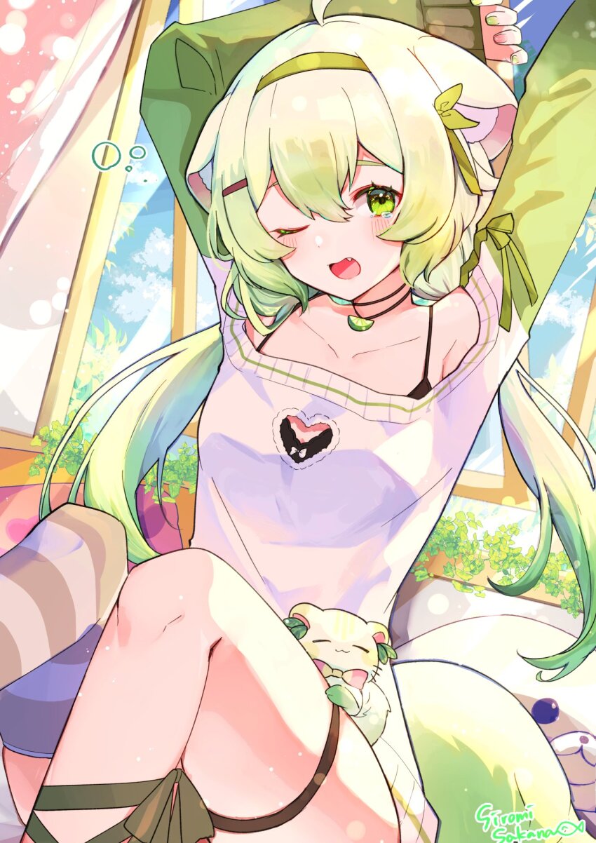 0_sakana_san 1boy 1girl ahoge animal_ears artist_name asymmetrical_legwear bare_shoulders bed blush bow bowtie bra_strap breasts cleavage_cutout clothing_cutout ferret ferret_ears ferret_girl ferret_tail food fruit gradient_hair gradient_tail green_eyes green_fur green_hair green_sweater green_tail hair_between_eyes hairband highres indie_virtual_youtuber jewelry laimu_(vtuber) leaf lime_(fruit) lime_slice limon_(laimu) long_hair mismatched_legwear multicolored_fur multicolored_hair multicolored_tail necklace o-ring o-ring_thigh_strap on_bed one_eye_closed open_window plant ribbon seal_(animal) signature single_thighhigh small_breasts stretching stuffed_animal stuffed_toy sweater tail thigh_strap thighhighs twintails two-tone_fur two-tone_hair two-tone_tail vinesauce virtual_youtuber white_fur white_hair white_sweater white_tail window yawning