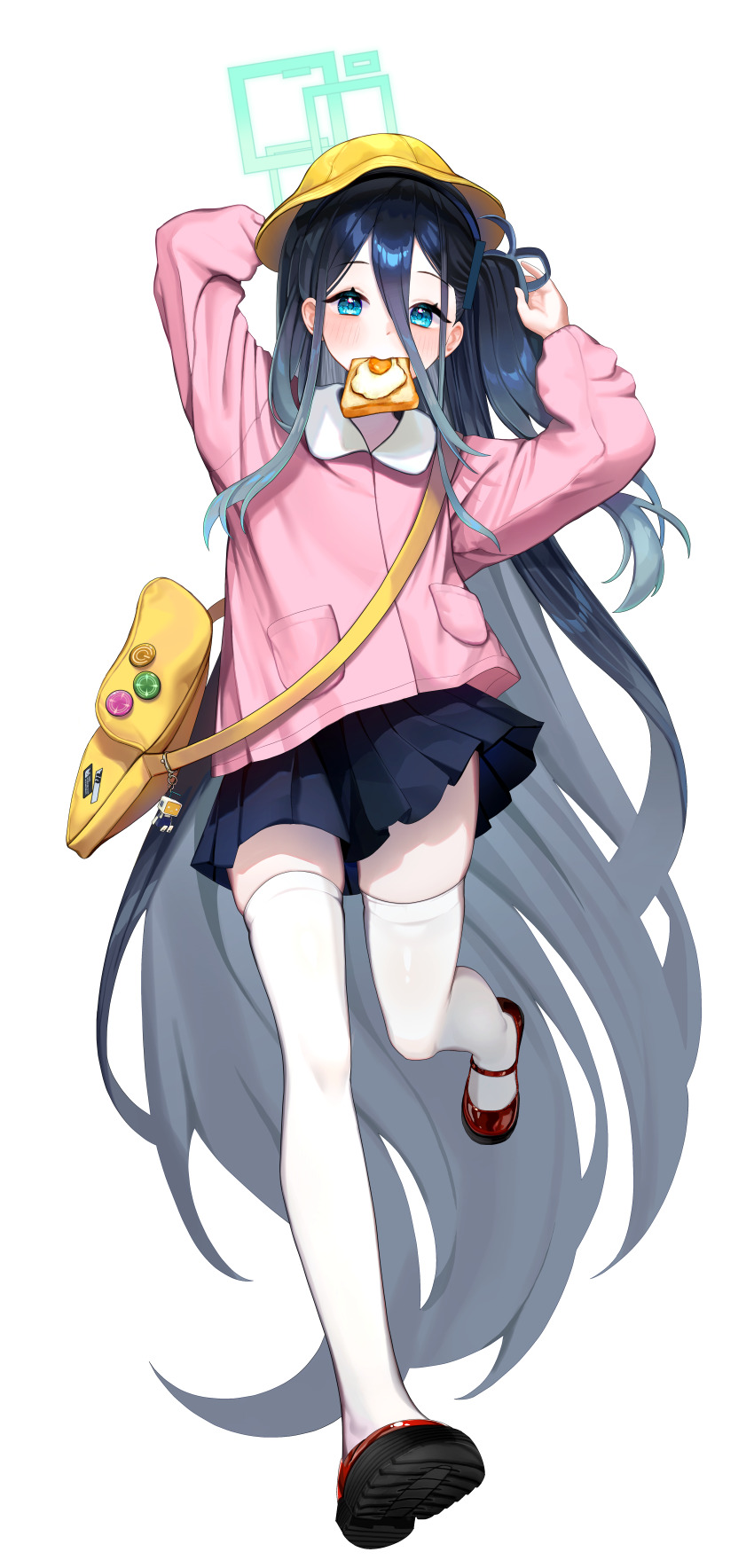 1girl absurdres alternate_costume aris_(blue_archive) arm_behind_head bag black_hair black_skirt blue_archive blue_eyes blush bread bread_slice food food_in_mouth hair_between_eyes hat highres holding holding_bag hyurumari jacket long_bangs long_hair mouth_hold one_side_up pink_jacket red_shoes shoes skirt solo thighhighs toast toast_in_mouth very_long_hair white_thighhighs yellow_bag yellow_hat