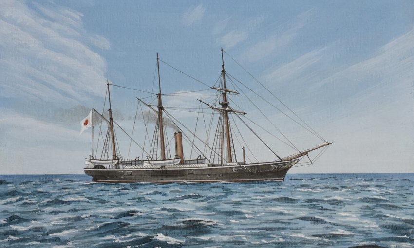 acrylic_paint_(medium) atelier_bono corvette highres imperial_japanese_navy japanese_flag mast military_vehicle no_humans ocean original painting_(medium) ship sky smoke smokestack takaharu_(corvette) traditional_media vehicle_focus warship watercraft