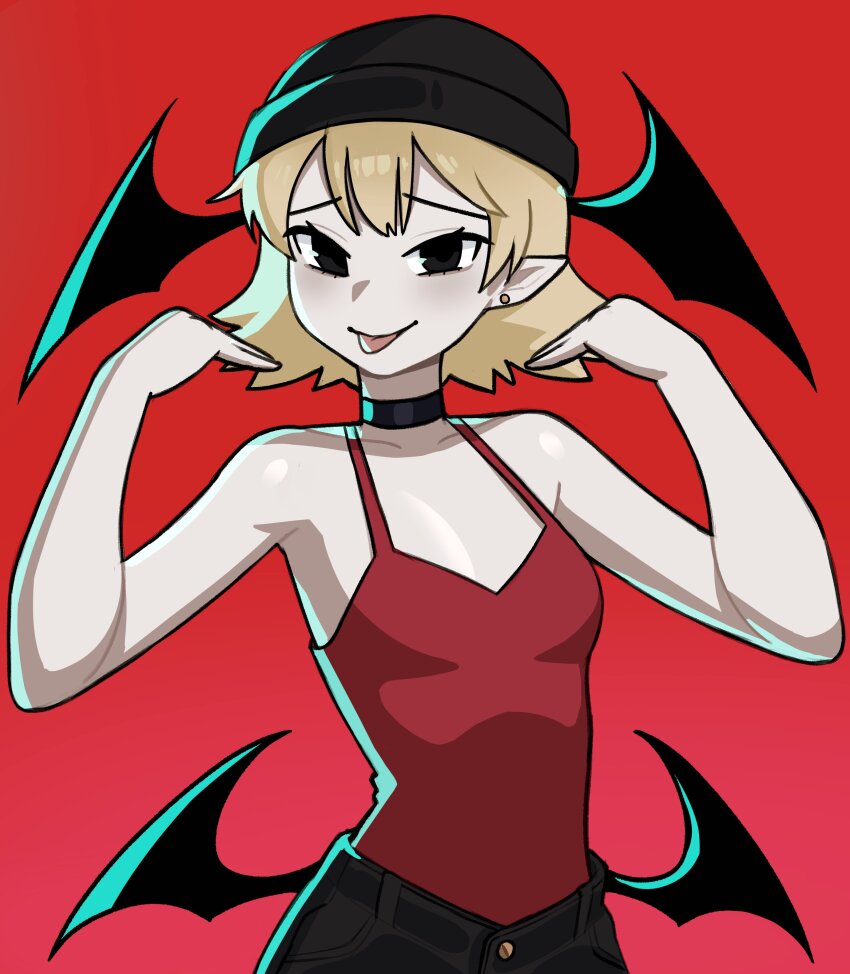 1girl absurdres bat_wings beanie black_choker black_eyes black_hat blonde_hair breasts choker colored_skin denim hat highres jeans justadrian_(yoadriandk) original pants pointy_ears red_background red_tank_top scarlett_(justadrian) shirt short_hair small_breasts smile tank_top tongue tongue_out vampire wings