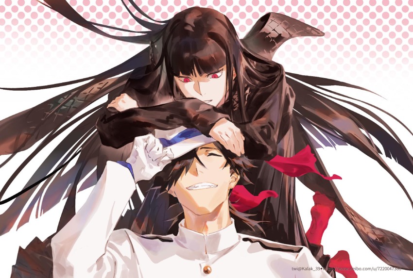 1boy 1girl black_hair black_scarf fate/grand_order fate_(series) grin hat highres kalak_39 long_hair looking_at_another oryou_(fate) pink_eyes sakamoto_ryouma_(fate) scarf smile very_long_hair