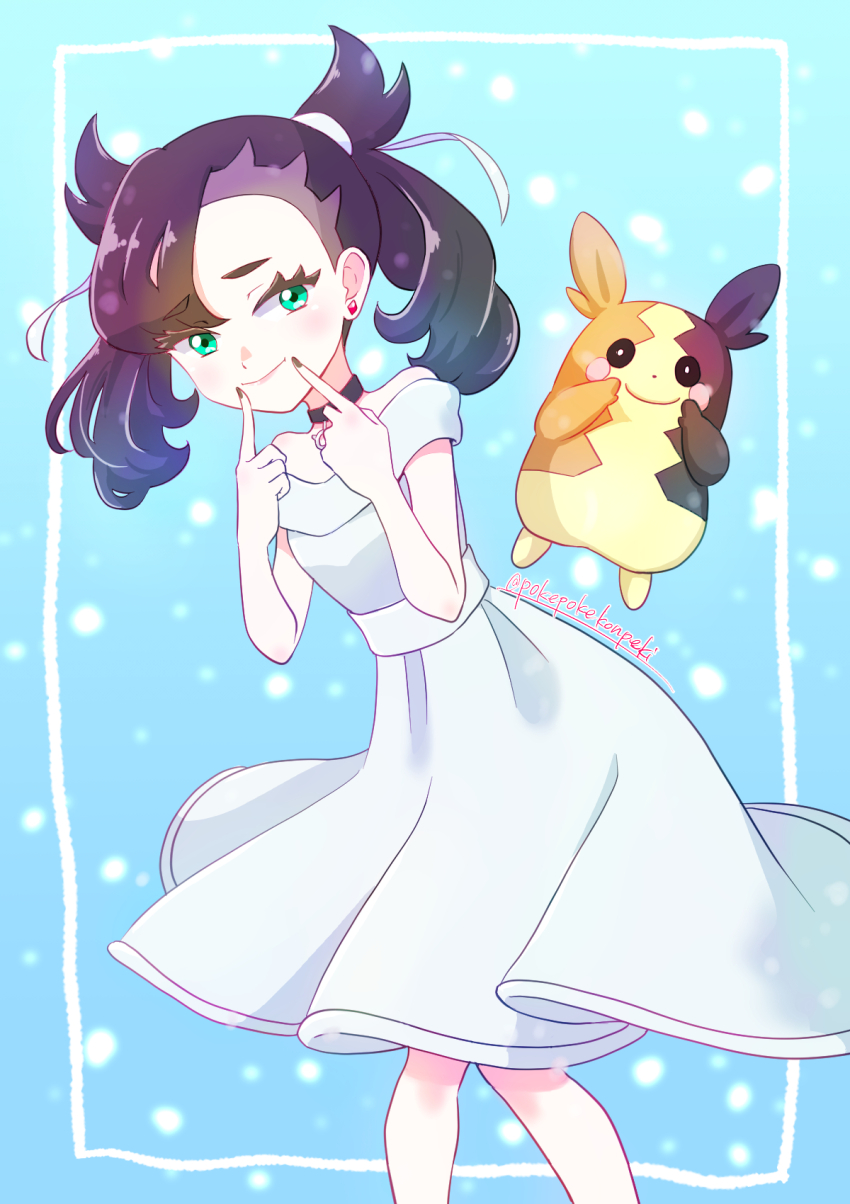 1girl alternate_costume asymmetrical_bangs black_choker black_nails blue_background choker closed_mouth commentary_request dress earrings eyelashes fingersmile gen_8_pokemon green_eyes hair_ribbon highres jewelry looking_at_viewer marnie_(pokemon) morpeko morpeko_(full) nail_polish nintendo off-shoulder_dress off_shoulder pokemon pokemon_(creature) pokemon_swsh pokepokekonpeki ribbon smile twintails white_dress white_ribbon