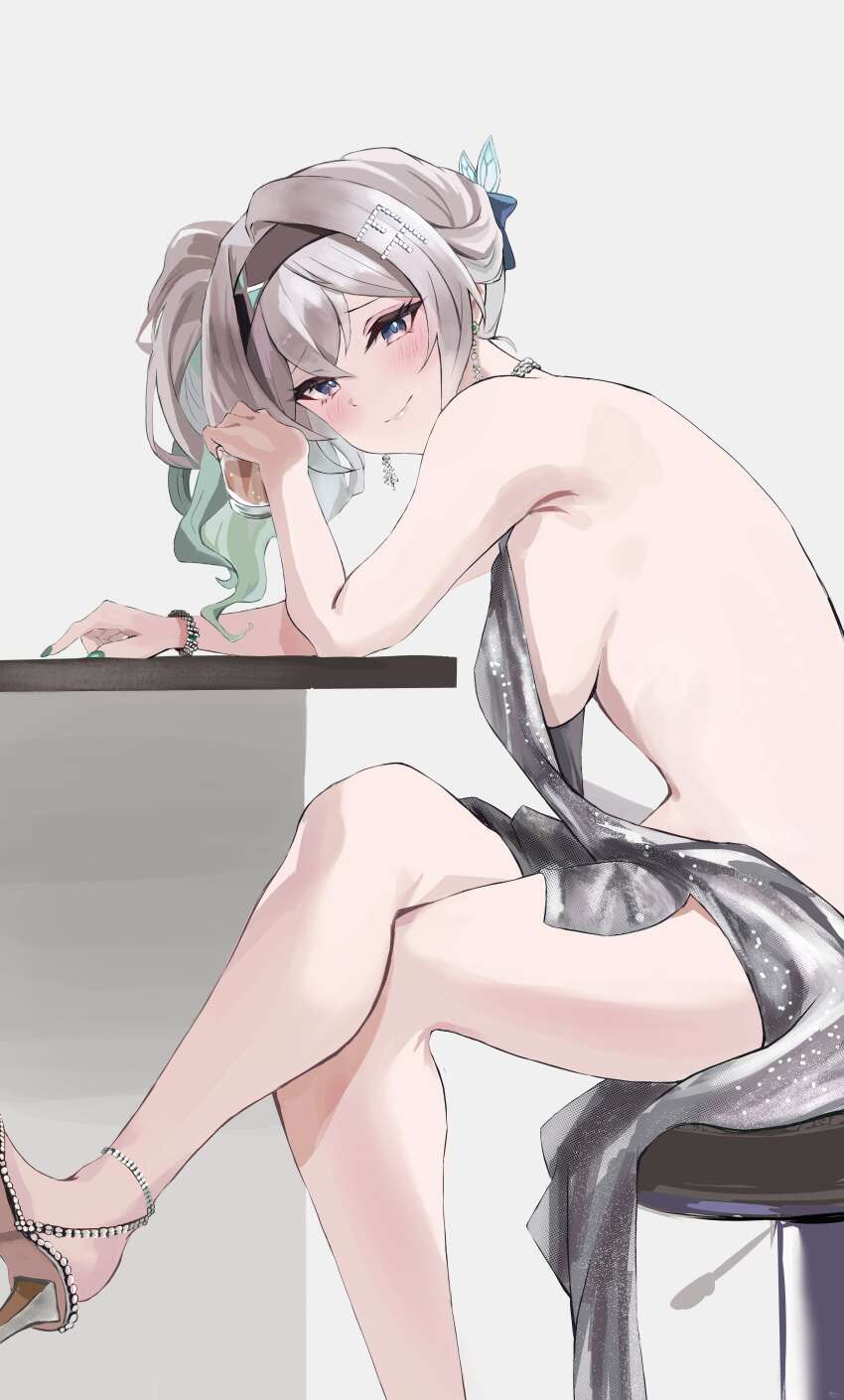 1girl absurdres azur_lane black_hairband bracelet breasts cleavage closed_mouth cosplay crossed_legs cup dress drinking_glass earrings firefly_(honkai:_star_rail) foot_out_of_frame from_side gradient_hair green_hair green_nails grey_dress grey_hair hairband high_heel_sandals high_heels highres holding holding_cup honkai:_star_rail honkai_(series) jewelry large_breasts light_blush long_hair looking_at_viewer looking_to_the_side multicolored_hair purple_eyes sandals simple_background sitting smile solo st._louis_(azur_lane) st._louis_(azur_lane)_(cosplay) st._louis_(luxurious_wheels)_(azur_lane) thighs yato_(yama0x1)