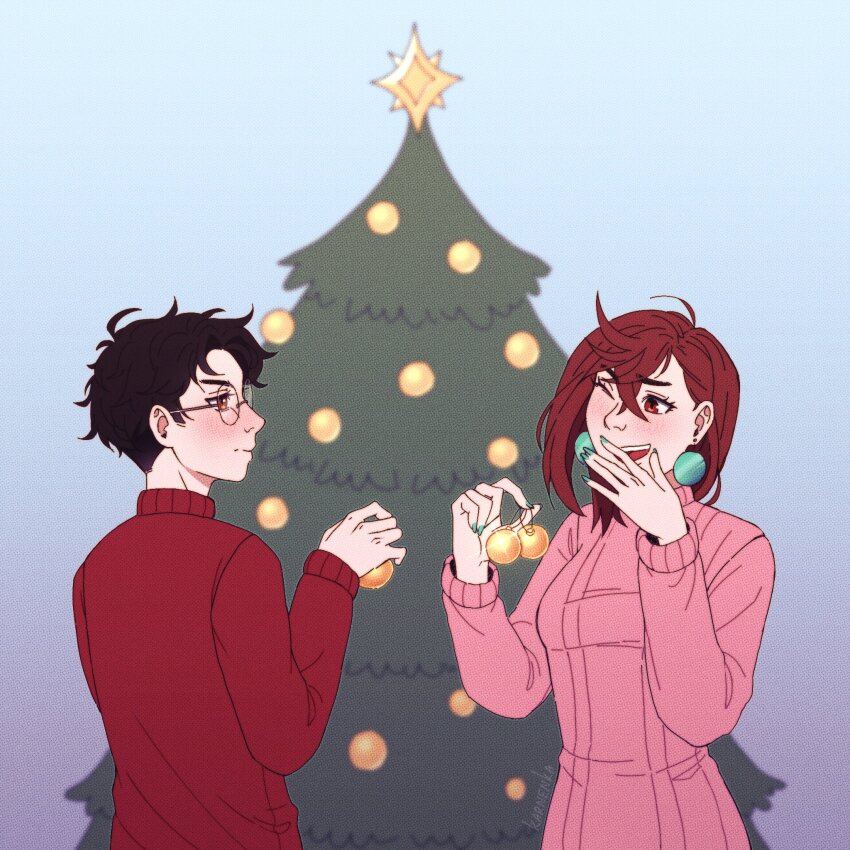 ayase_momo black_hair blush brown_eyes brown_hair christmas christmas_ornaments christmas_tree dandadan earrings glasses green_nails highres jewelry karnenka laughing looking_at_another merry_christmas mocking nail_polish pink_sweater red_sweater round_eyewear star_(symbol) sweater takakura_ken_(dandadan)
