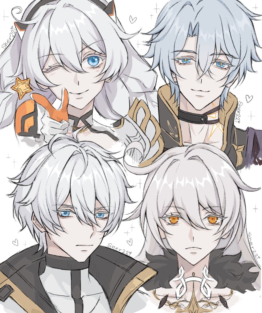 2boys 2girls animal_ear_hairband animal_ears artist_name black_choker cape cat_ear_hairband cat_ears choker closed_mouth color_connection fake_animal_ears finger_gun fur-trimmed_cape fur_trim gloves hair_color_connection hairband highres hino_satoshi honkai:_star_rail honkai_(series) honkai_impact_3rd jacket kevin_kaslana kiana_kaslana kiana_kaslana_(herrscher_of_the_void) kiana_kaslana_(white_comet) long_hair multiple_boys multiple_girls neck_tattoo phainon_(honkai:_star_rail) sher22i short_hair smile tattoo trait_connection voice_actor_connection white_background white_gloves white_hair white_jacket yellow_eyes