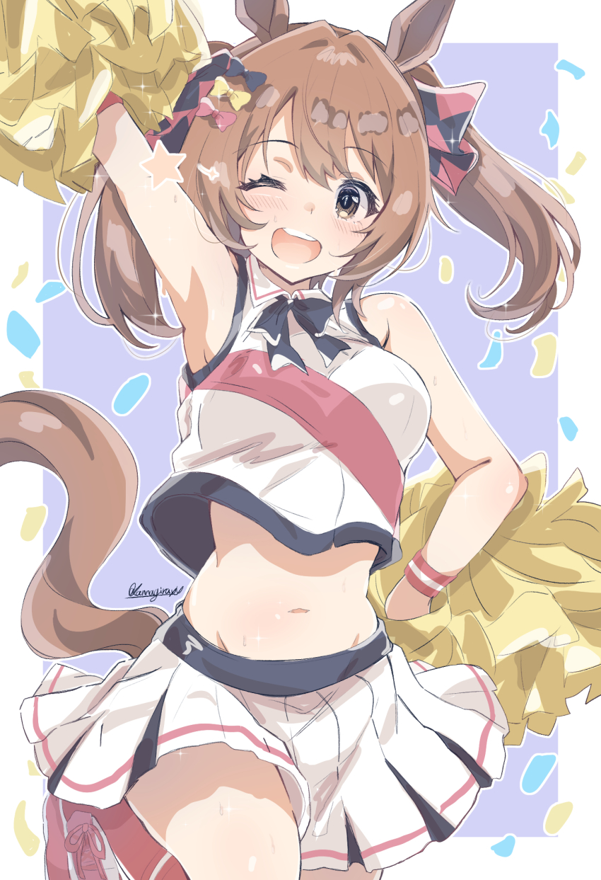 1girl animal_ears arm_up armpits brown_eyes brown_hair cheerleader confetti hair_between_eyes hair_ornament highres horse_ears horse_tail kannagiray looking_at_viewer midriff navel one_eye_closed pom_pom_(cheerleading) short_twintails simple_background smart_falcon_(umamusume) solo tail twintails umamusume
