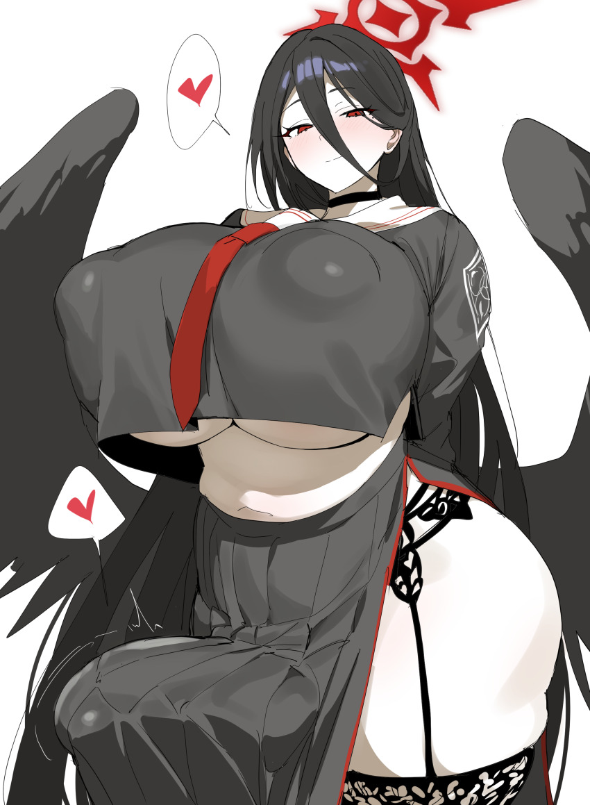 1girl absurdres black_hair black_serafuku black_wings blue_archive breasts bulge covered_erect_nipples erection erection_under_clothes futanari hair_between_eyes halo hasumi_(blue_archive) heart highres huge_breasts long_hair looking_at_viewer red_eyes red_halo school_uniform serafuku simple_background smile solo spoken_heart thick_thighs thighs underboob white_background wings xipa