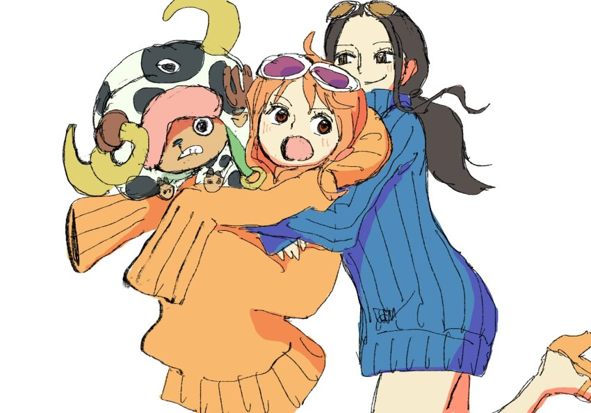 1boy 2girls black_hair dress eyewear_on_head hashtag-only_commentary hat hat_over_one_eye high_heels highres hug hug_from_behind multiple_girls naka29maru nami_(one_piece) nico_robin one_piece one_piece_film:_z orange_hair orange_shoes pink_hat shoes smile striped_clothes striped_dress tony_tony_chopper twintails vertical-striped_clothes vertical-striped_dress very_long_sleeves
