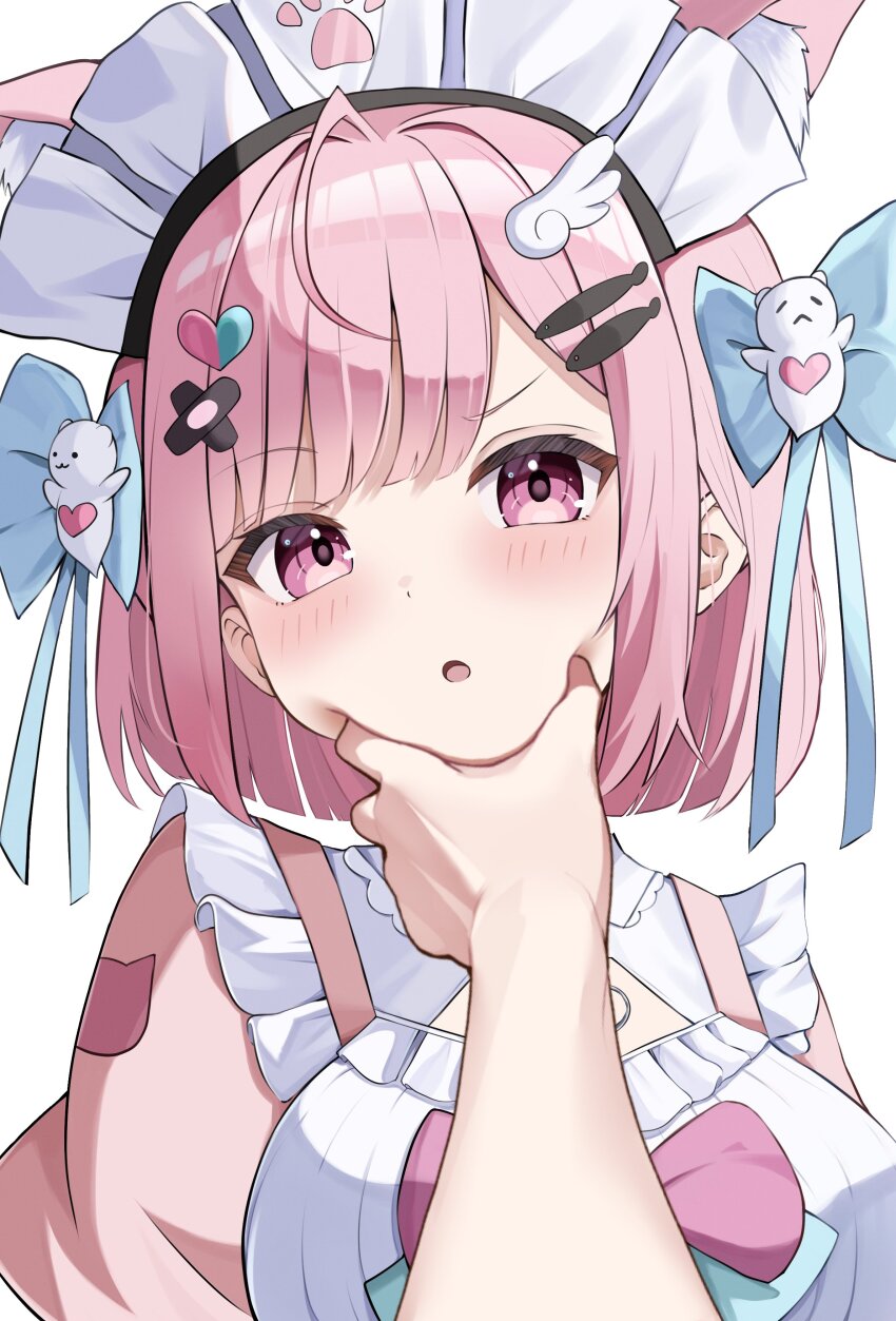 1girl absurdres ahoge animal_ears aqua_bow bandaid bandaid_hair_ornament blush bob_cut bow breasts cat_ears cat_girl chest_bow dress face_squeeze fish_hair_ornament ghost_hair_ornament hair_bow hair_ornament heart heart_hair_ornament highres indie_virtual_youtuber looking_at_viewer maid maid_headdress masamune-tan pink_dress pink_eyes pink_hair solo virtual_youtuber white_background yuuki_sakuna