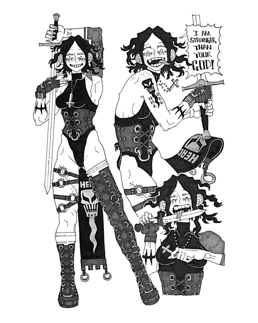 1girl arm_tattoo bangtanghan bare_shoulders belt black_hair black_leotard boots breasts combat_boots corset cross crucifix english_text fingerless_gloves freckles gloves greyscale highres holding holding_sword holding_weapon leather leotard licking licking_weapon medium_breasts monochrome multiple_belts open_mouth original scar short_hair single_thighhigh skull_print solo speech_bubble sword tattoo teeth thigh_strap thighhighs tongue tongue_out traditional_media weapon white_background