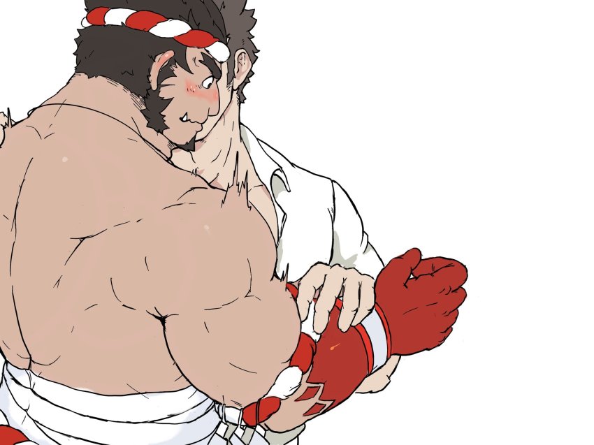 2boys back bara blush collared_shirt couple covered_face facial_hair flustered goatee hachimaki hand_on_another&#039;s_arm hand_on_another&#039;s_shoulder headband highres kiss kissing_cheek long_sideburns male_focus protagonist_3_(housamo) mature_male me-me_(mouact2) midriff_sarashi multiple_boys muscular muscular_male nejiri_hachimaki pectorals sarashi shirt short_hair sideburns solo_focus stubble surprise_kiss surprised tajikarao_(housamo) thick_eyebrows tokyo_houkago_summoners trembling tusks upper_body yaoi