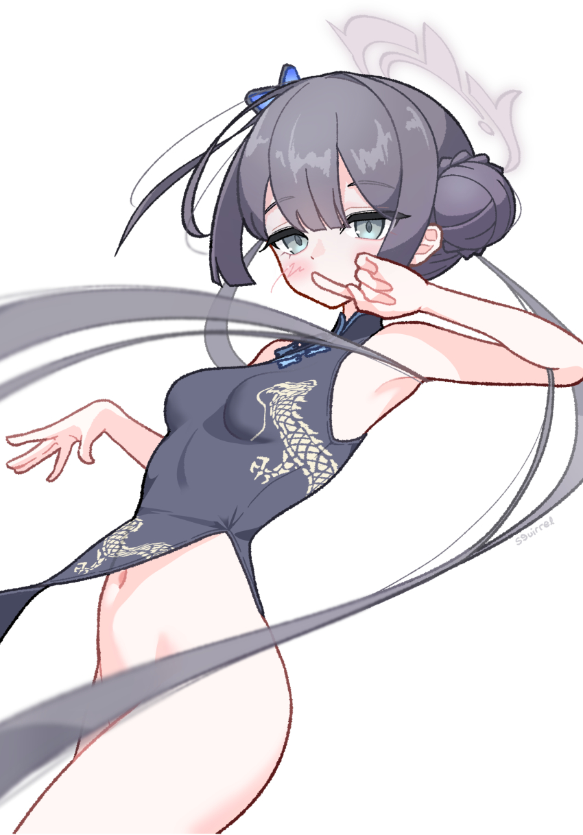 1girl absurdres arm_up armpits bare_arms bare_legs bare_shoulders black_dress blue_archive blue_eyes blue_hair blush bottomless braid braided_bun breasts butterfly_hair_ornament chinese_clothes convenient_censoring cowboy_shot dot_nose double_bun dragon_print dress from_side grey_halo hair_bun hair_ornament halo hand_up highres index_finger_raised kisaki_(blue_archive) loli long_hair looking_at_viewer navel no_panties s9uirrel sleeveless sleeveless_dress small_breasts solo standing twintails very_long_hair white_background