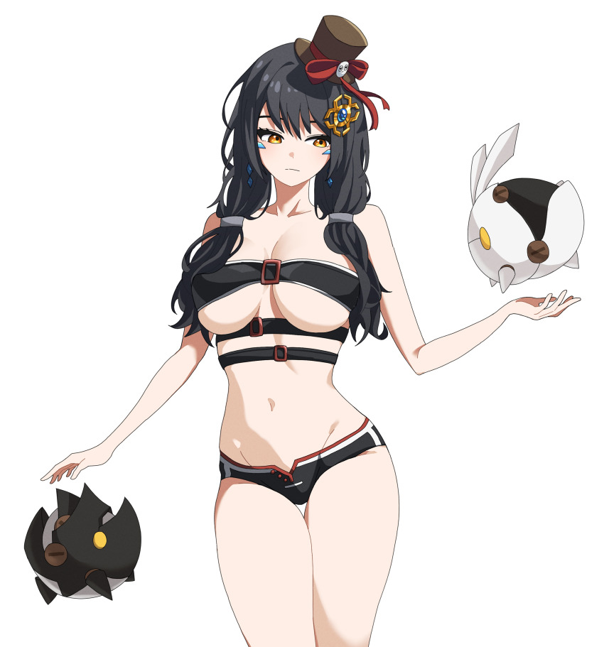 1girl absurdres bare_arms bare_shoulders belt belt_bra bikini bikini_bottom_only black_bikini black_hair breasts brown_hat commentary_request commission danzzu drone elsword eve_(2nas)_(elsword) eve_(elsword) facial_mark hair_ornament hair_over_shoulder hat highres korean_commentary looking_to_the_side low_twintails medium_breasts moby_(elsword) multiple_belts navel remy_(elsword) simple_background smile solo stomach swimsuit thigh_gap thighs top_hat twintails underboob white_background yellow_eyes