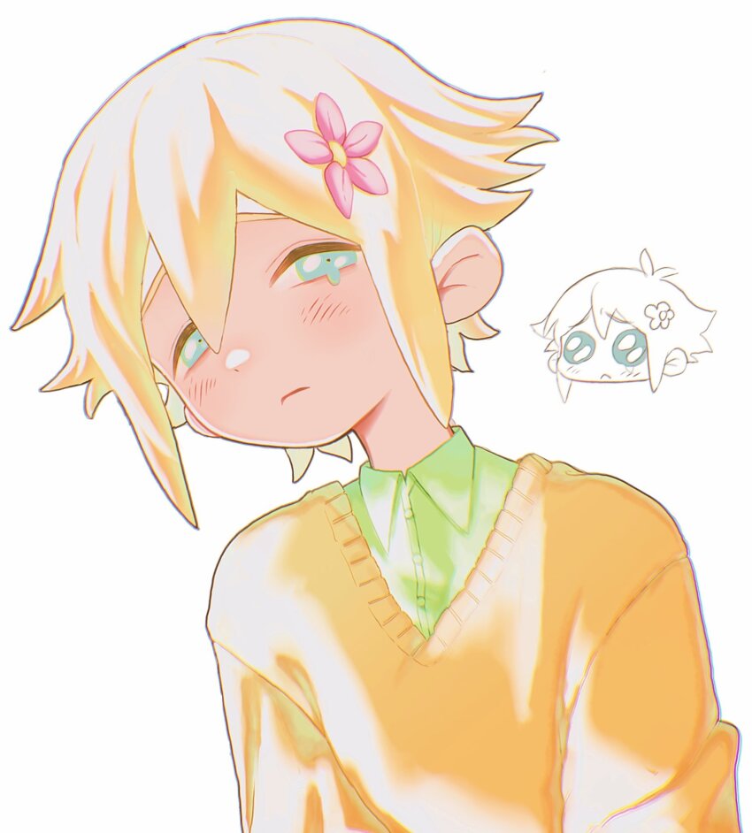 1boy basil_(faraway)_(omori) basil_(omori) blonde_hair blue_eyes blush brown_sweater closed_mouth collared_shirt flower green_shirt hair_flower hair_ornament highres long_sleeves looking_at_viewer male_focus omori shirt short_hair simple_background solo sweater tate_ware_anal upper_body white_background