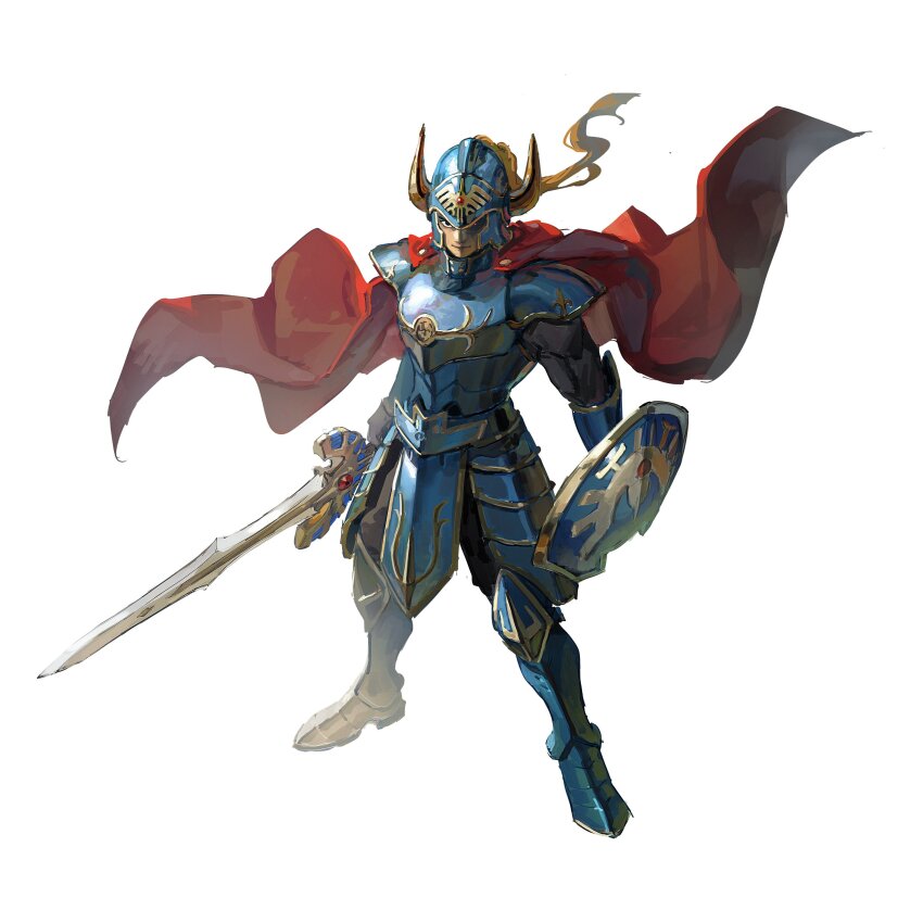 1boy absurdres armor blue_armor blue_helmet cape dragon_quest dragon_quest_i erdrick&#039;s_helmet erdrick&#039;s_shield erdrick&#039;s_sword fake_horns faulds gloves hdw91v helmet hero_(dq1) highres holding holding_shield holding_sword holding_weapon horned_helmet horns leg_armor pauldrons red_cape shield shoulder_armor solo sword weapon
