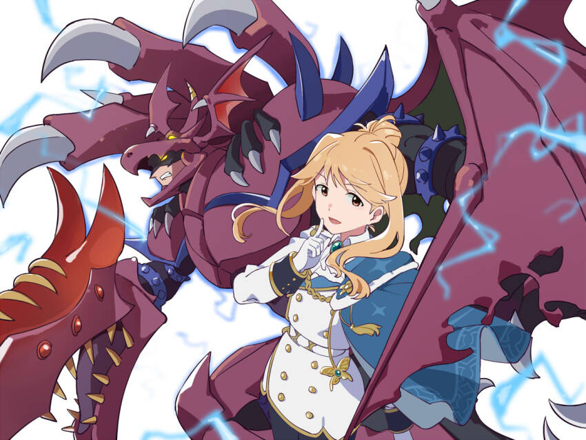 1boy 1girl blonde_hair brown_armor clenched_teeth crossover destiny_hero_-_plasma duel_monster electricity futa_yuri_ryona hair_bun idolmaster idolmaster_million_live! jacket simple_background skirt teeth tenkuubashi_tomoka white_background white_jacket white_skirt yellow_eyes yu-gi-oh!