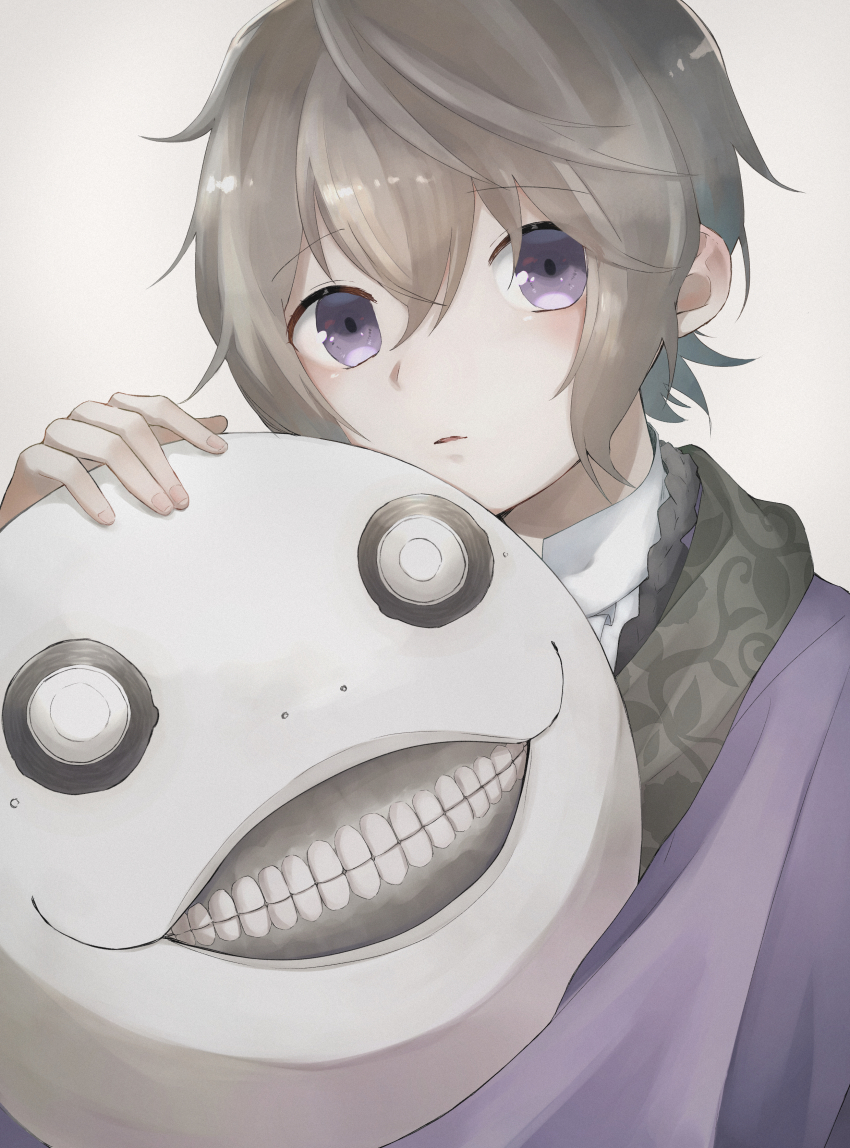1boy absurdres brown_hair commentary_request emil_(human)_(nier) emil_(nier) hair_between_eyes highres male_focus nana28_tteyatu_(nanakusagayu_28) nier nier_(series) open_mouth purple_eyes short_hair simple_background solo wavy_hair white_background