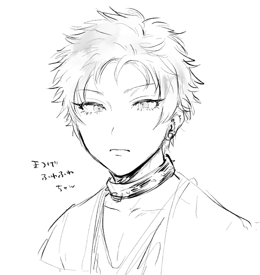 1boy collar cropped_shoulders expressionless greyscale harai_kuko hypnosis_mic japanese_clothes kimono looking_at_viewer male_focus monochrome multiple_piercings nbnekochan plug_(piercing) short_hair sketch solo spiked_collar spikes